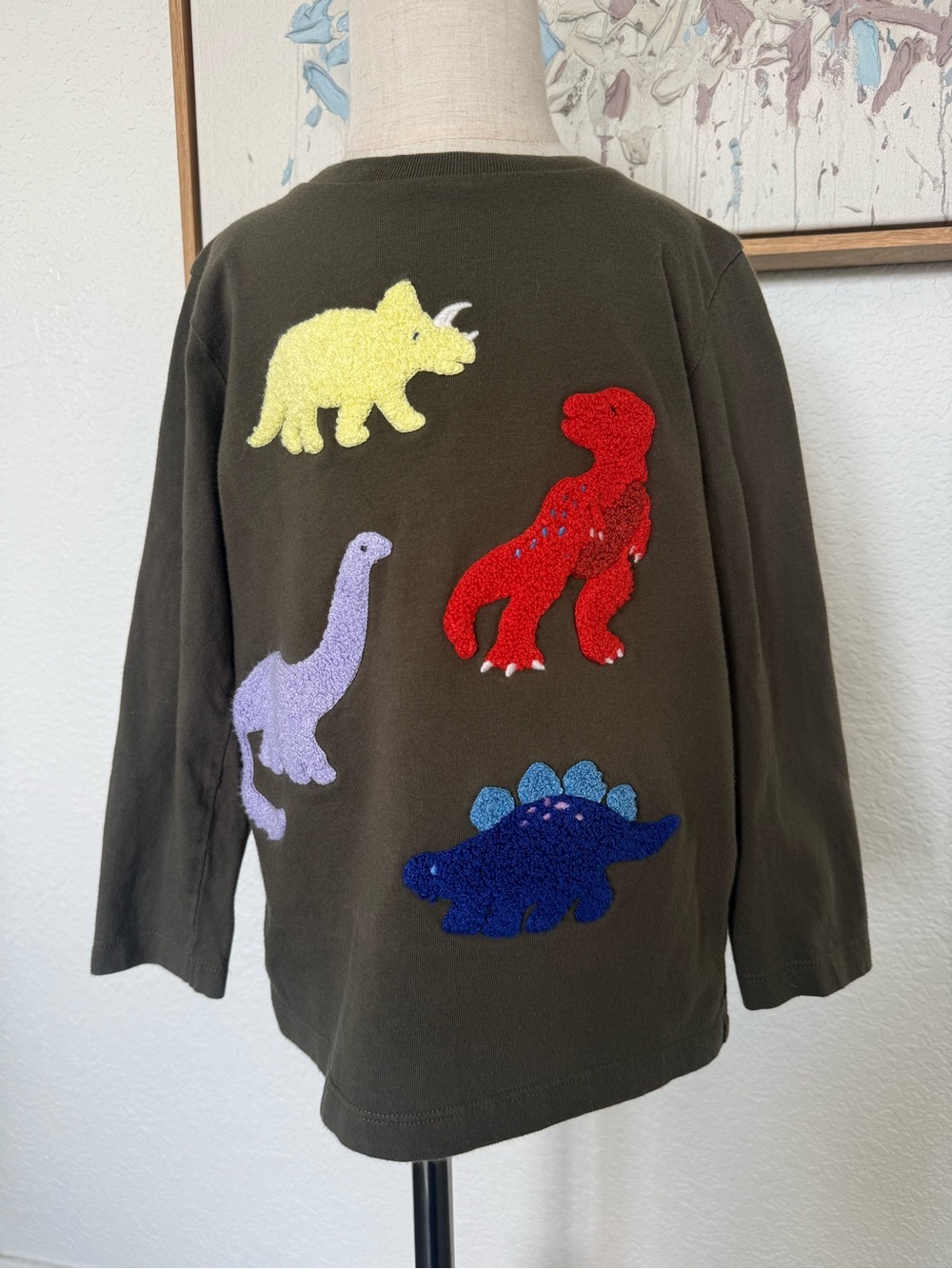 Mini Boden Olive Green Long-Sleeve Tee with Colorful Chenille Dinosaurs